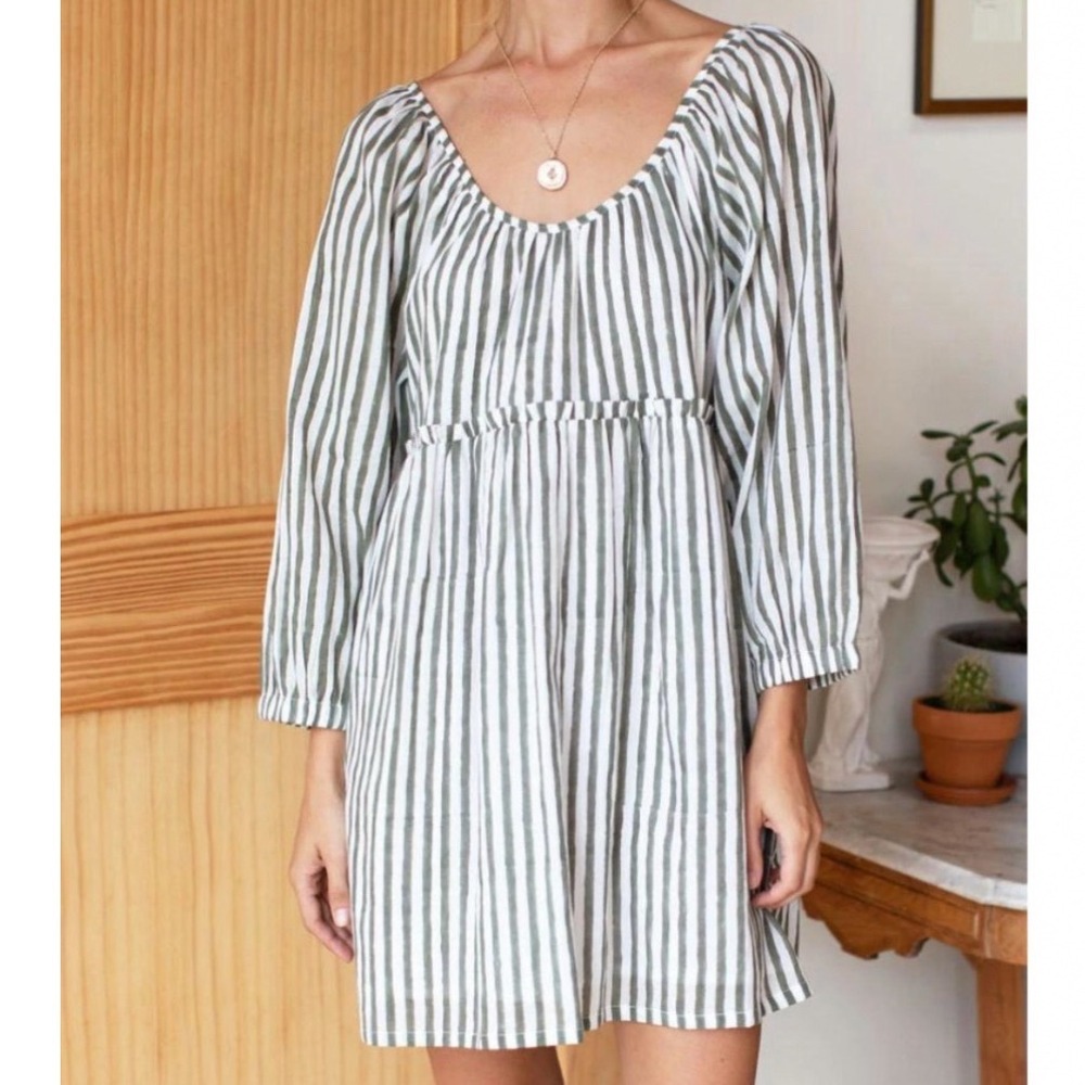 NWT Emerson Fry Jasmine Short Dress Womens M Moss Stripe Organic Cotton Bohemian